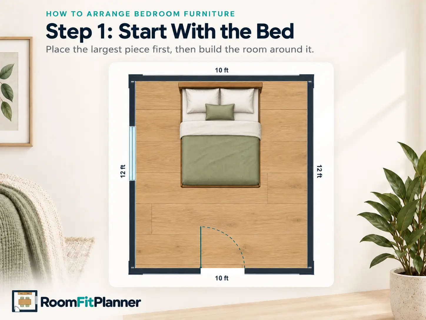 10 by 12 bedroom planner showing a queen bed placed first before arranging the rest of the bedroom furniture.