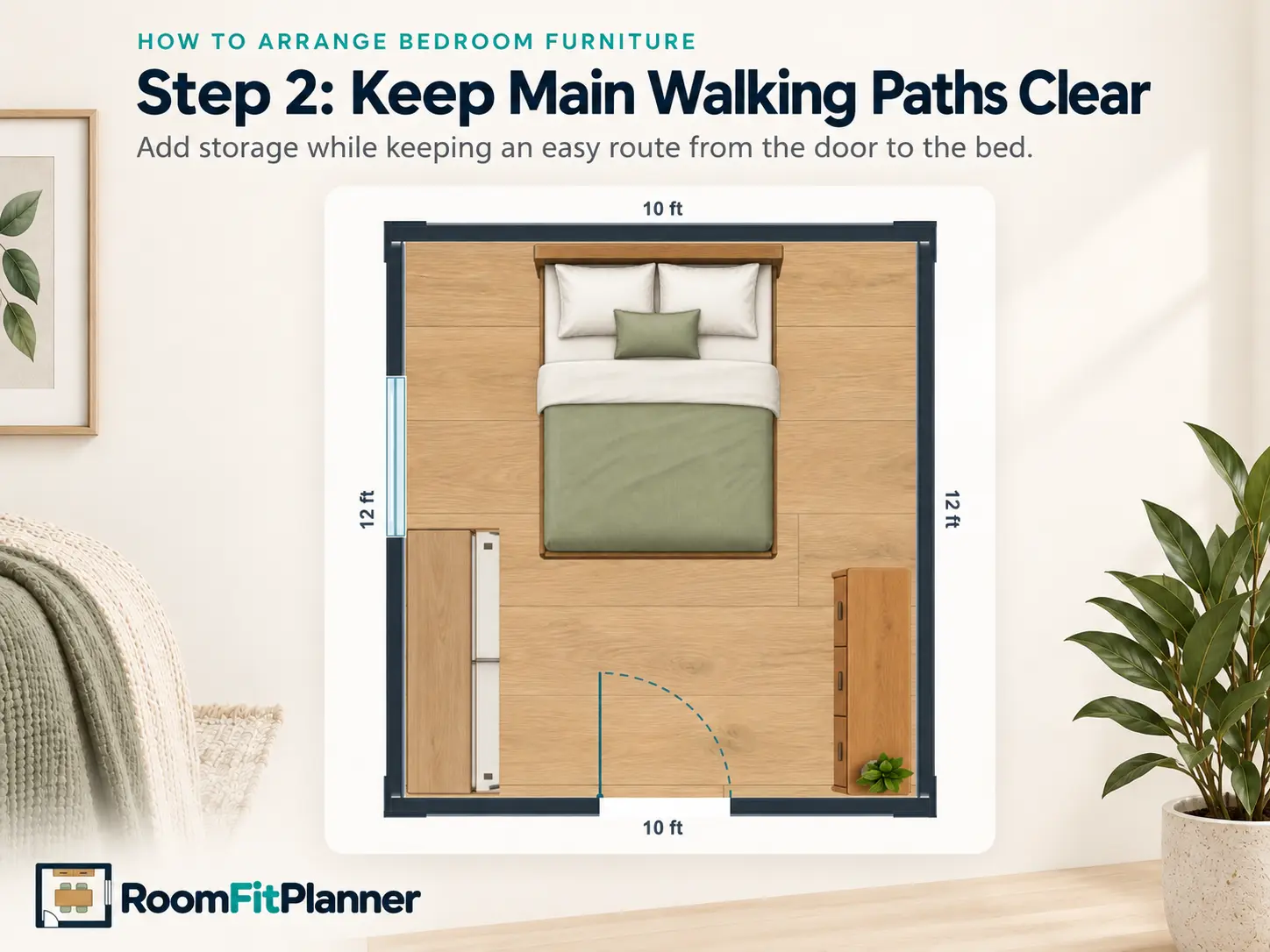 10 by 12 bedroom layout showing a queen bed, wardrobe and dresser with a clear walking path from the door.