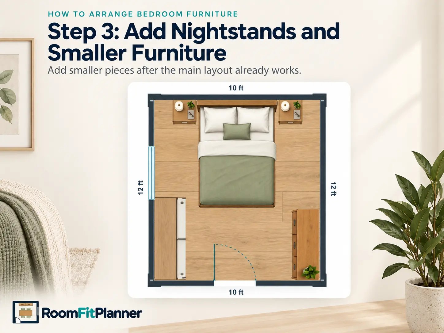 10 by 12 bedroom layout with a queen bed, two nightstands, wardrobe and dresser arranged around clear floor space.