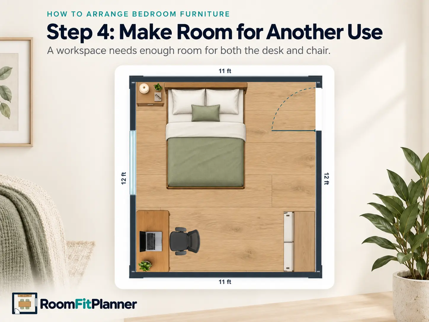 11 by 12 bedroom office layout showing a bed, desk and separate chair footprint with usable floor space.