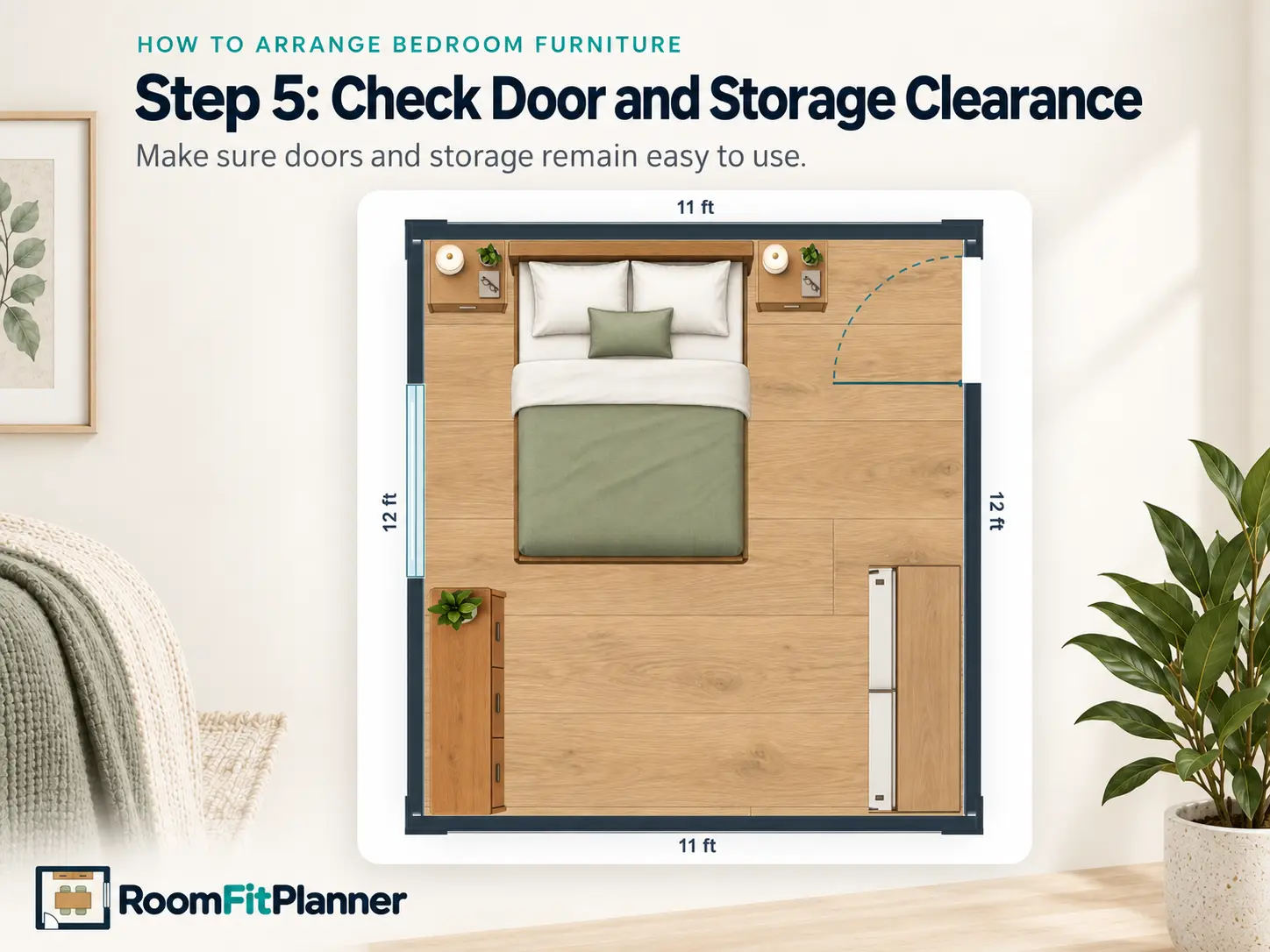 Bedroom layout showing a clear door swing with the bed and storage positioned away from the doorway.