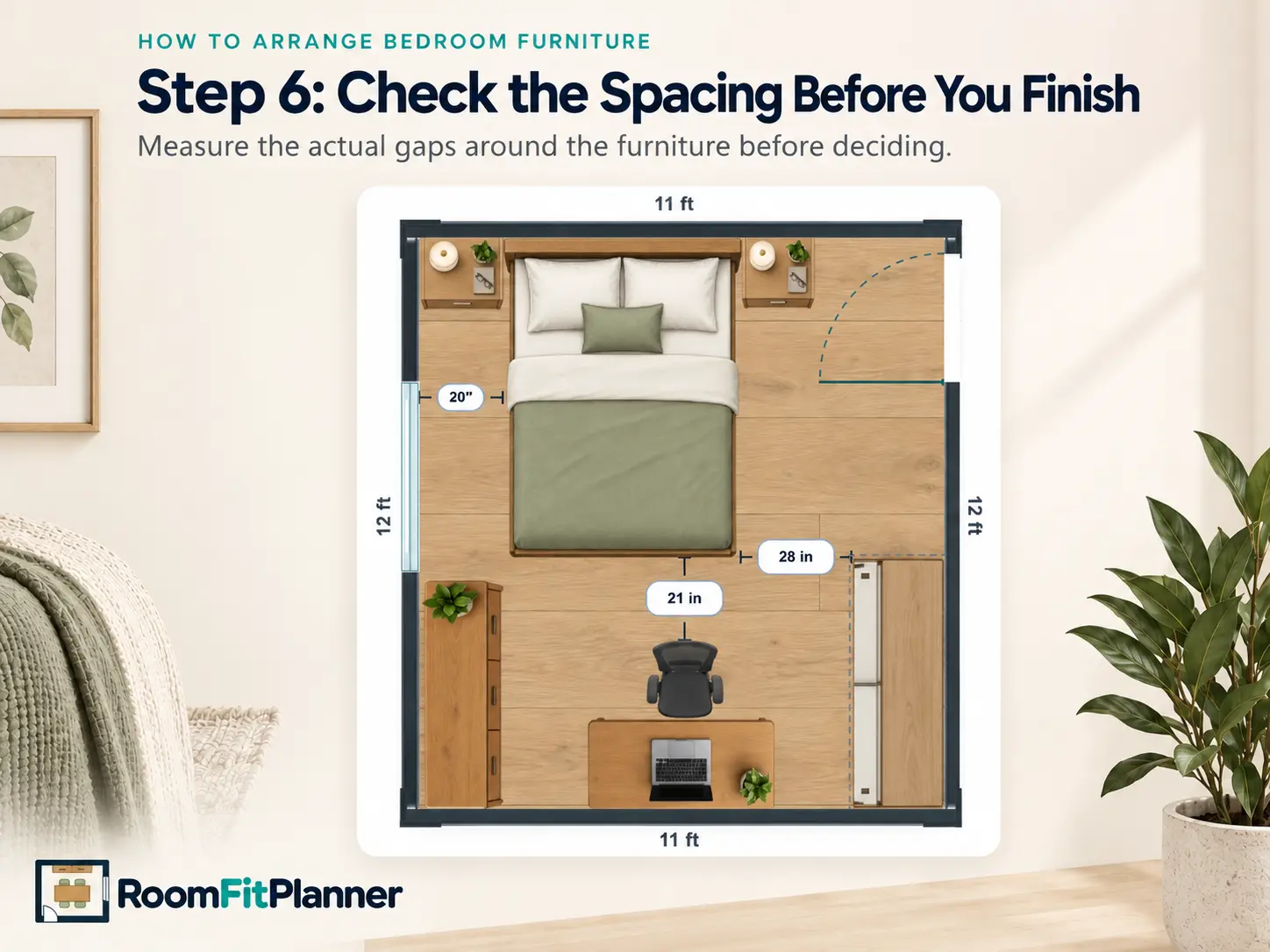 Bedroom planner showing spacing measurements around the bed, wardrobe and workspace furniture.